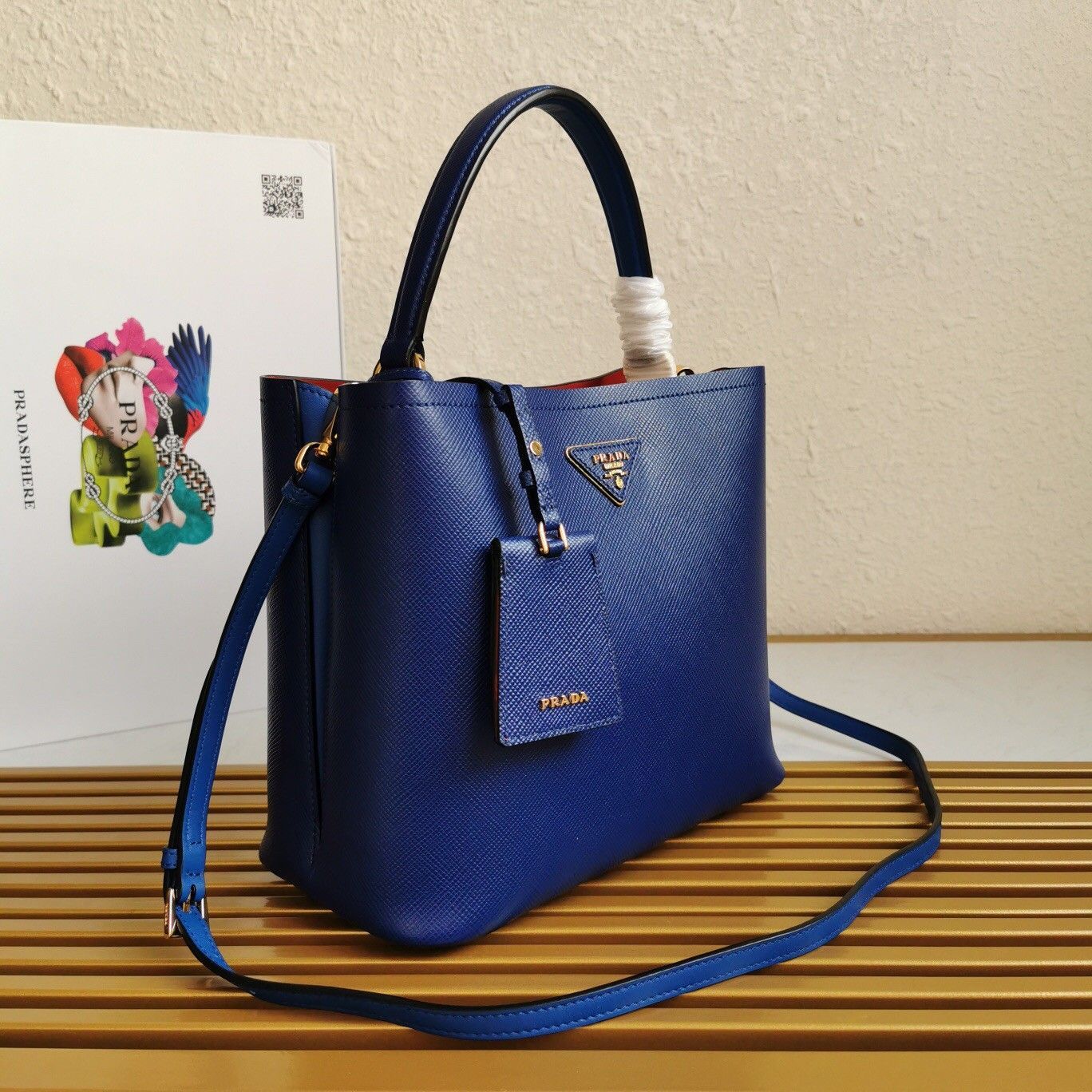 Prada Large Panier Bag In Blue Saffiano Leather