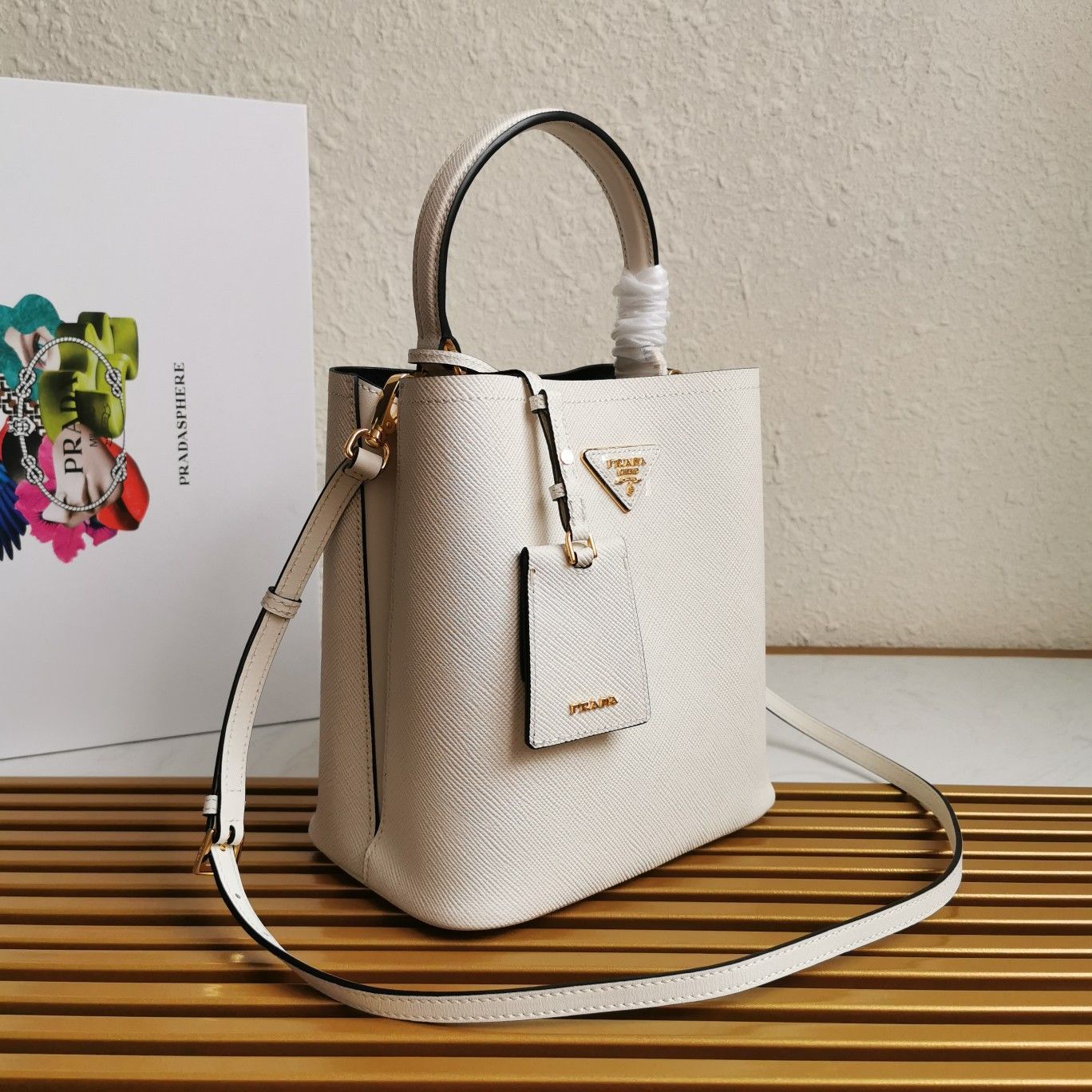 Prada Medium Panier Bag In White Saffiano Leather