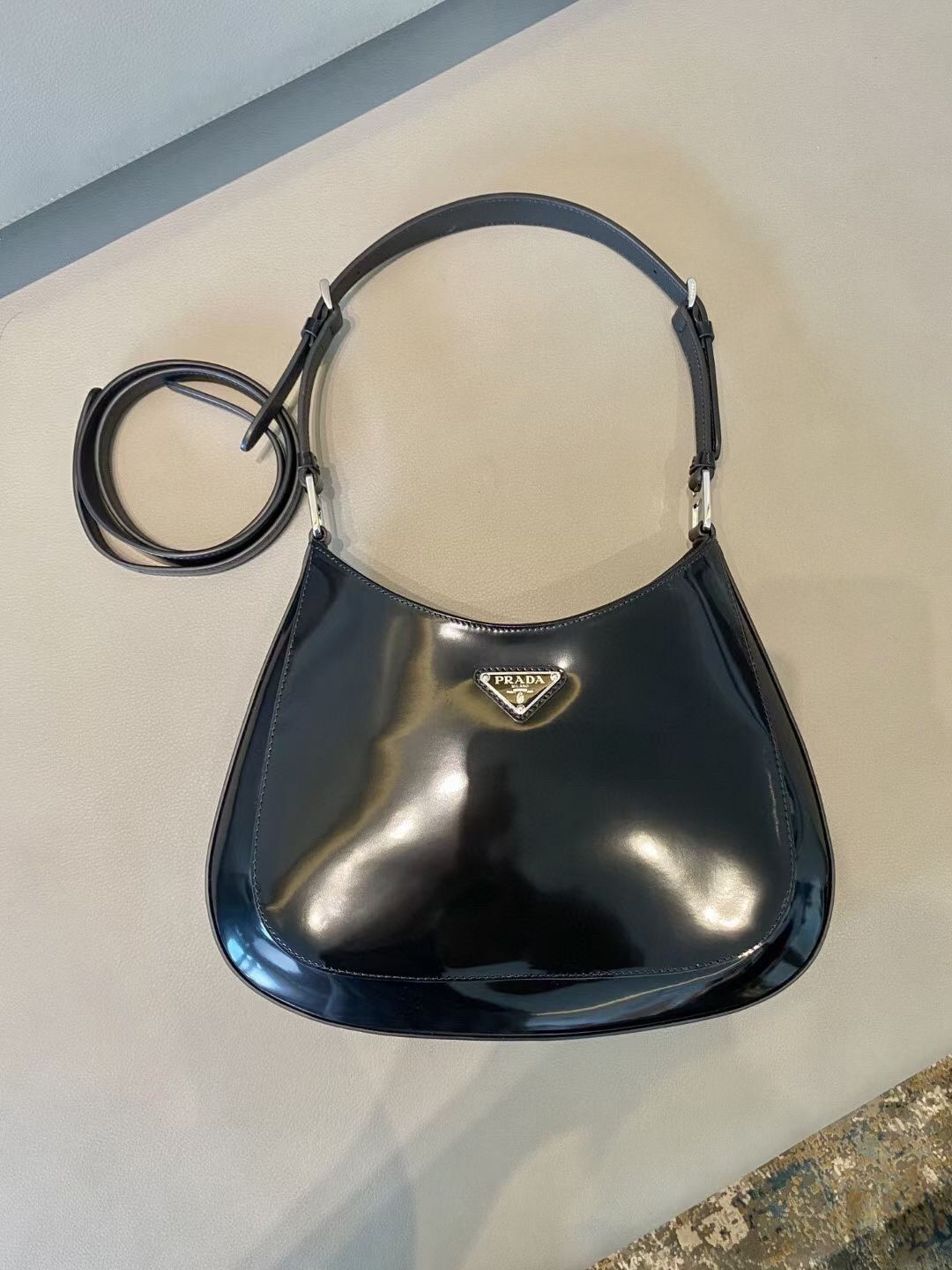 Prada Cleo Large Bag In Black Brushed Leather