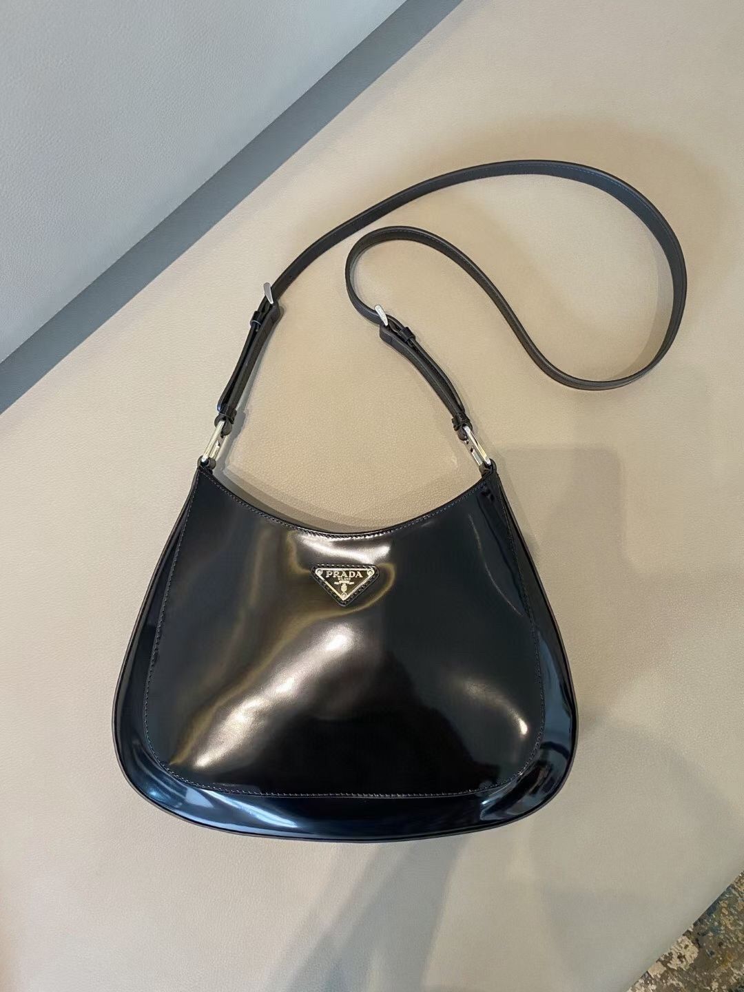 Prada Cleo Large Bag In Black Brushed Leather