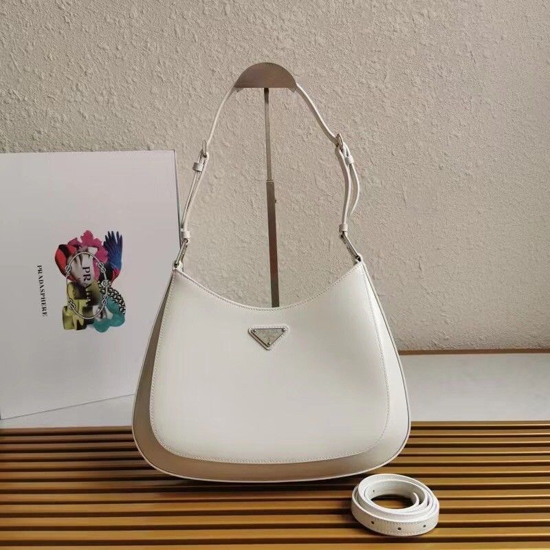 Prada Cleo Large Bag In White Brushed Leather