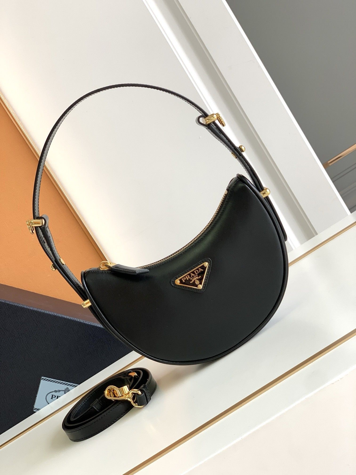 Prada Arque Mini Shoulder Bag in Black Leather