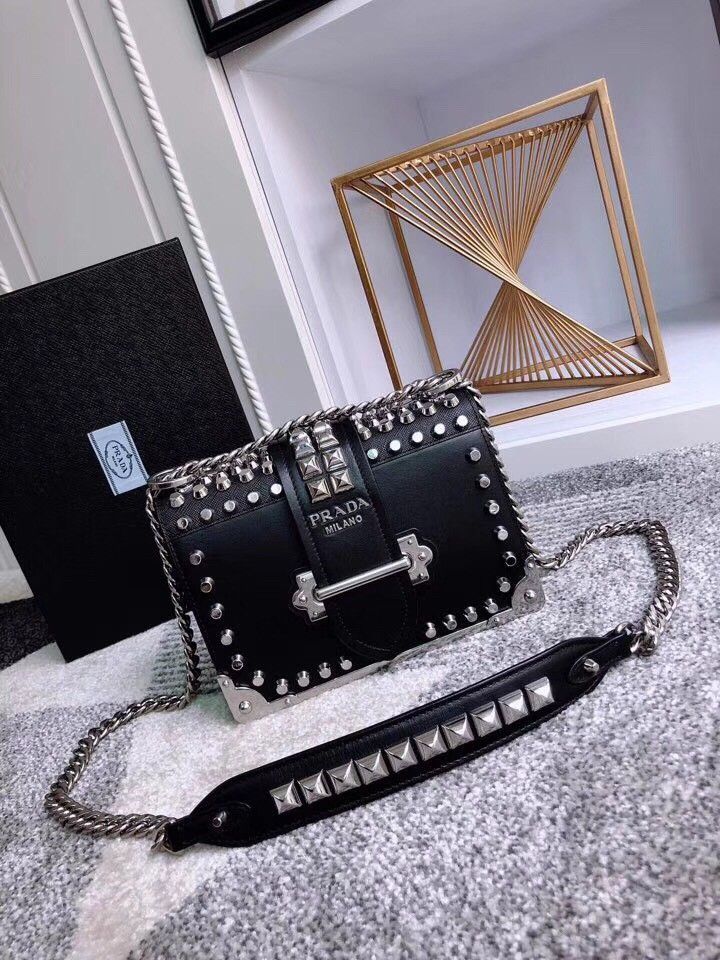 Prada Cahier Black Leather Shoulder Bag with Studded