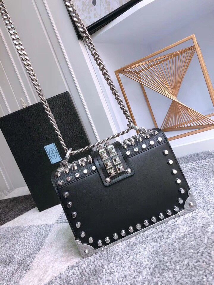 Prada Cahier Black Leather Shoulder Bag with Studded