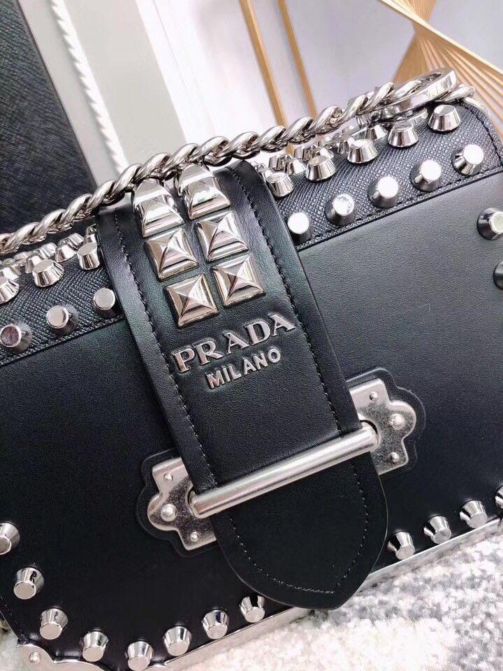 Prada Cahier Black Leather Shoulder Bag with Studded