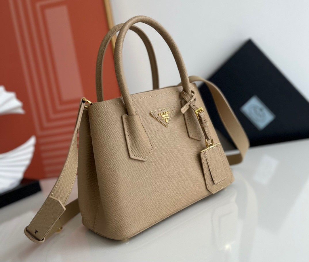 Prada Double Mini Bag In Beige Saffiano Leather