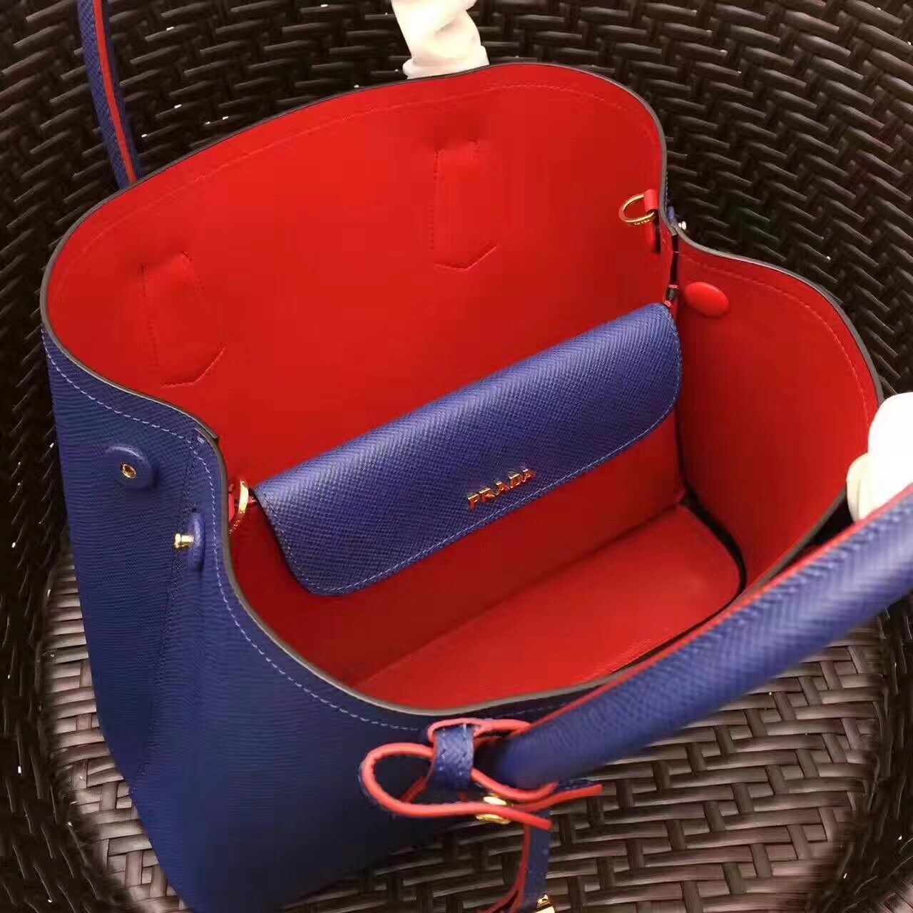 Prada Double Medium Tote Bag In Blue Saffiano Leather