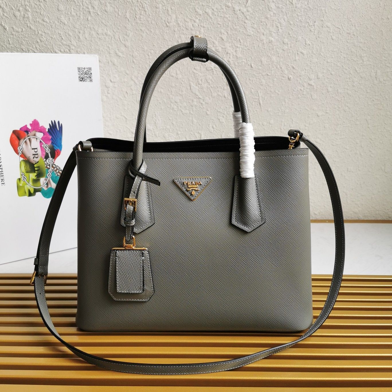 Prada Double Medium Tote Bag In Grey Saffiano Leather