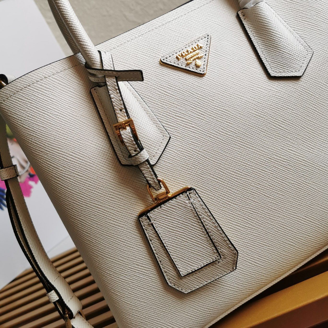 Prada Double Medium Tote Bag In White Saffiano Leather