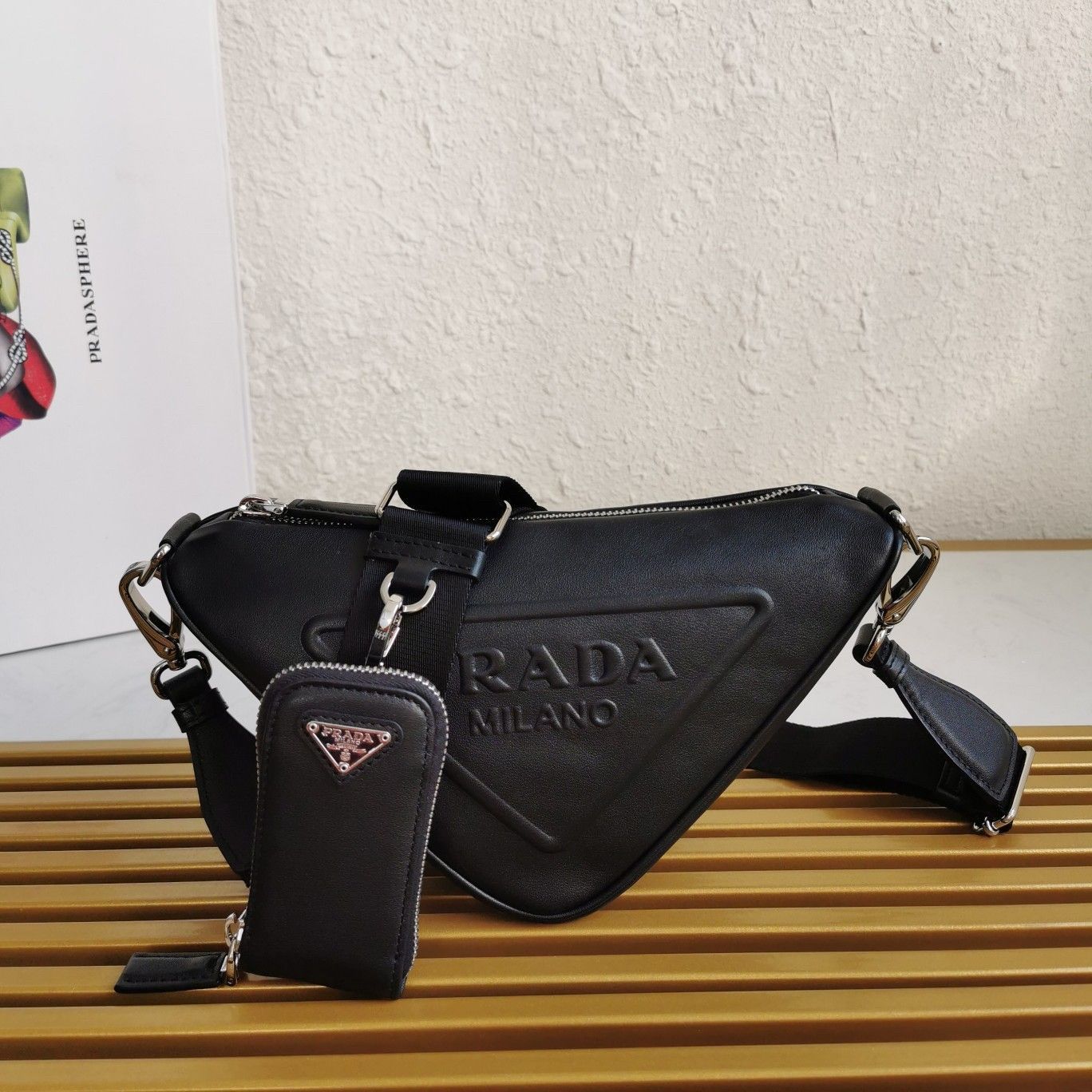 Prada Triangle Shoulder Bag In Black Calfskin