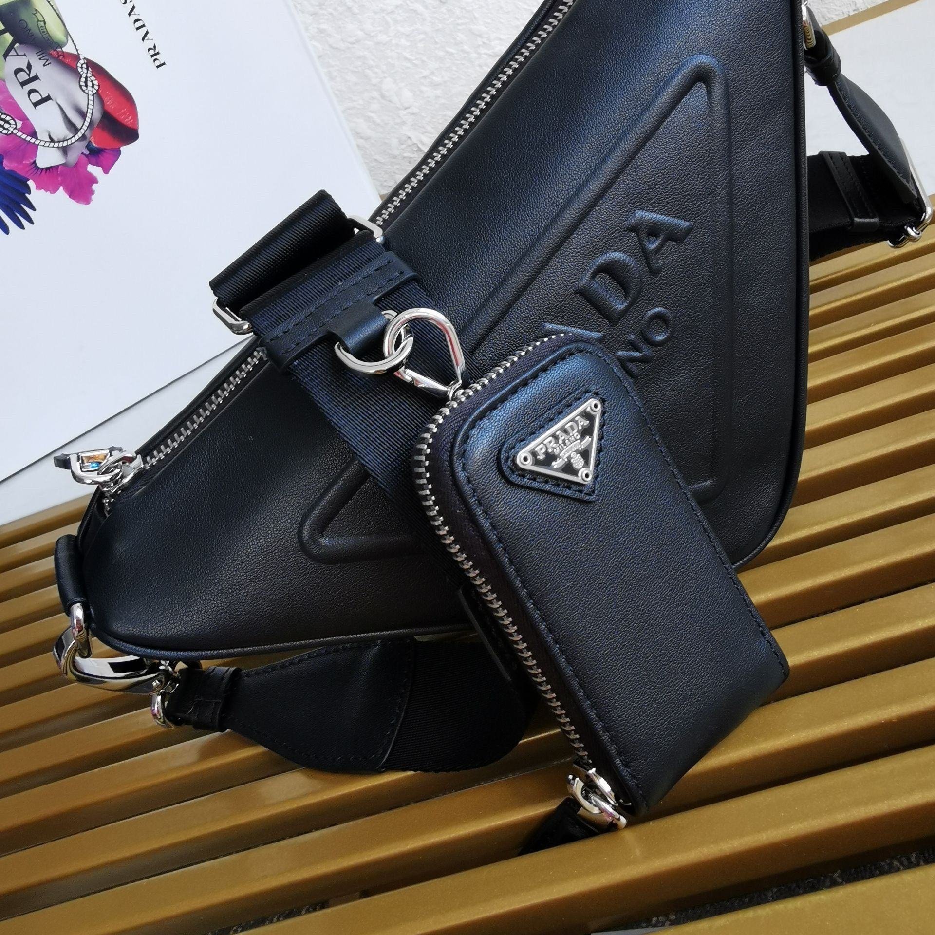 Prada Triangle Shoulder Bag In Black Calfskin