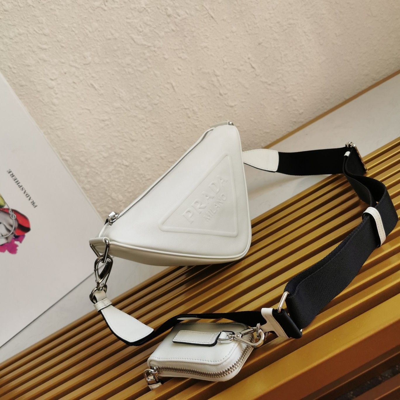 Prada Triangle Shoulder Bag In White Calfskin