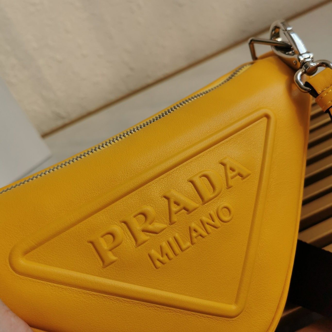 Prada Triangle Shoulder Bag In Yellow Calfskin