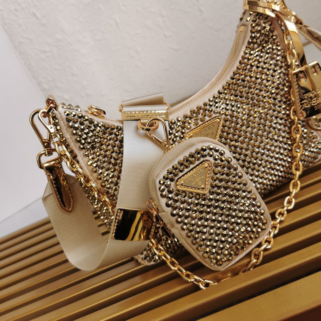 Prada Re-Edition 2005 Bag In Gold Satin with Crystal