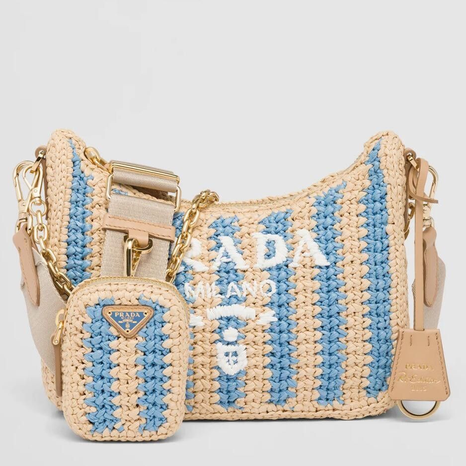 Prada Re-Edition 2005 Bag In Beige and Blue Stripe Raffia