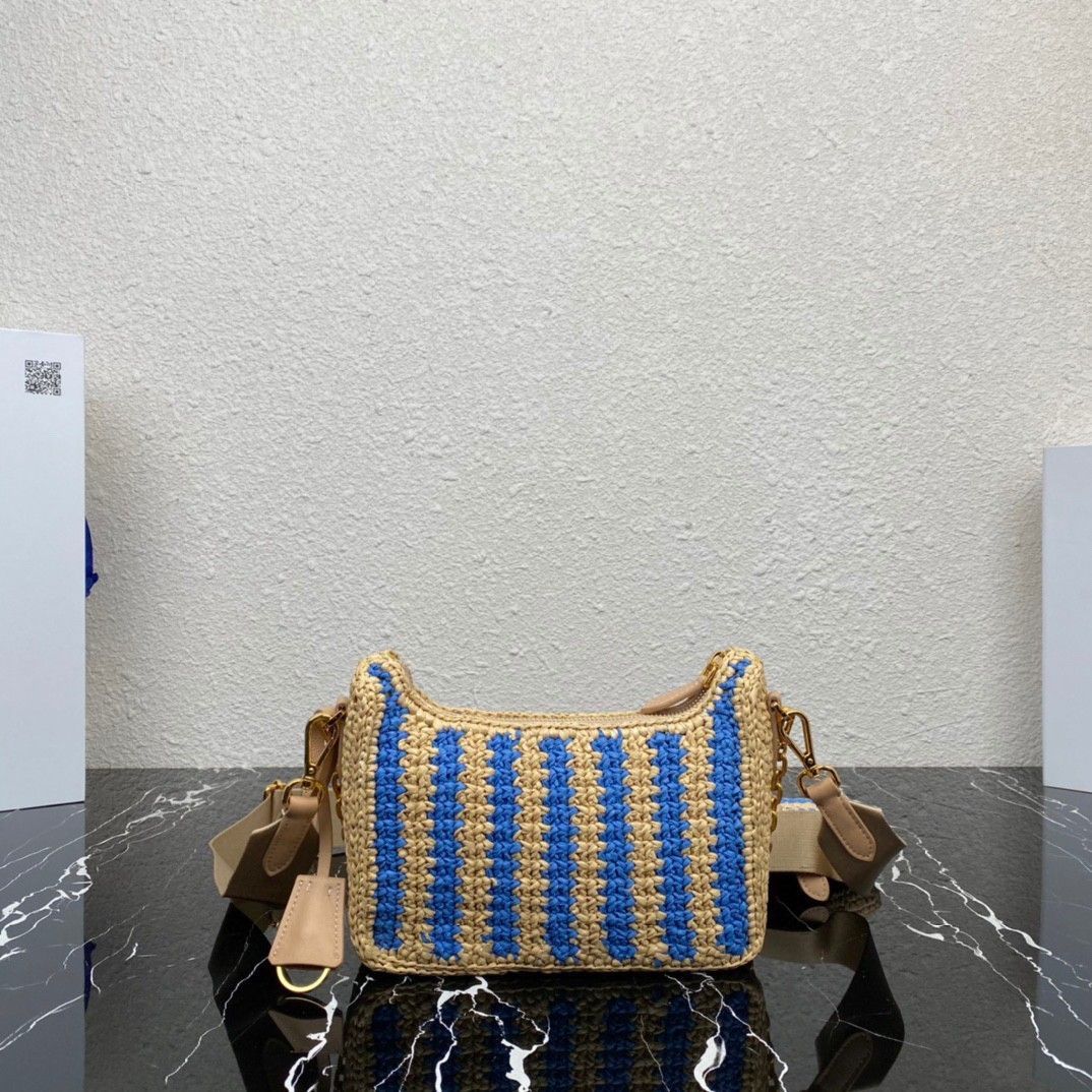 Prada Re-Edition 2005 Bag In Beige and Blue Stripe Raffia