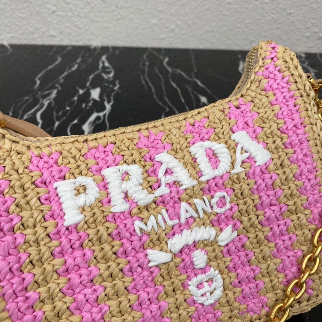 Prada Re-Edition 2005 Bag In Beige and Pink Stripe Raffia