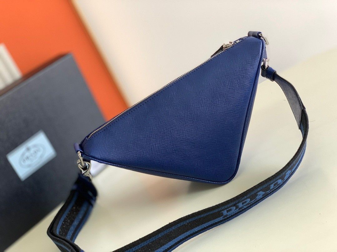 Prada Triangle Shoulder Bag In Blue Saffiano Leather