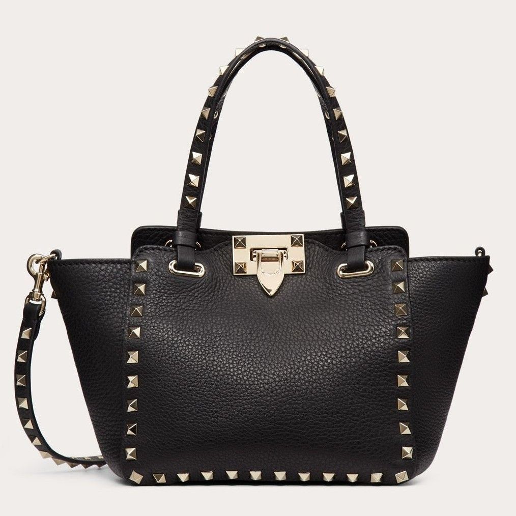 Valentino Rockstud Mini Tote In Black Grained Leather