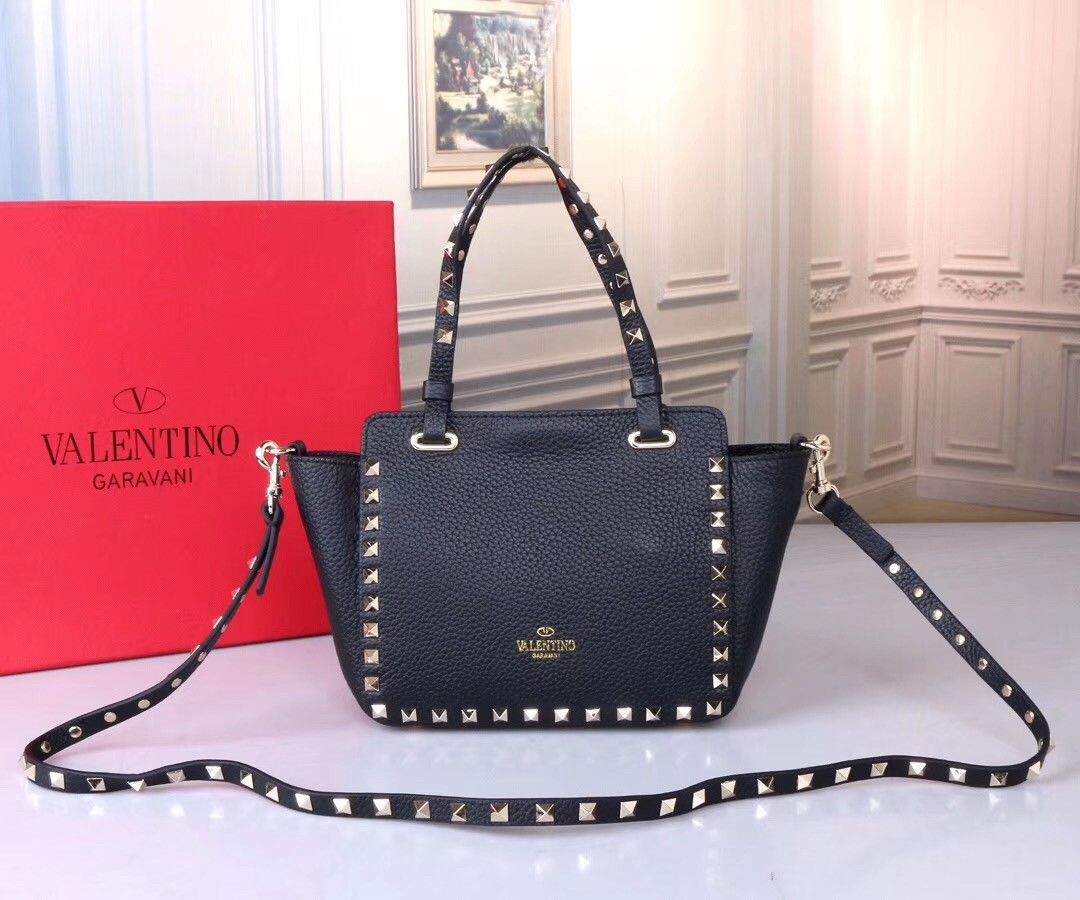 Valentino Rockstud Mini Tote In Black Grained Leather