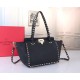 Valentino Rockstud Small Tote In Black Grained Calfskin