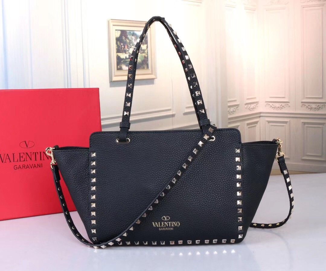 Valentino Rockstud Small Tote In Black Grained Calfskin