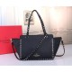 Valentino Rockstud Small Tote In Black Grained Calfskin