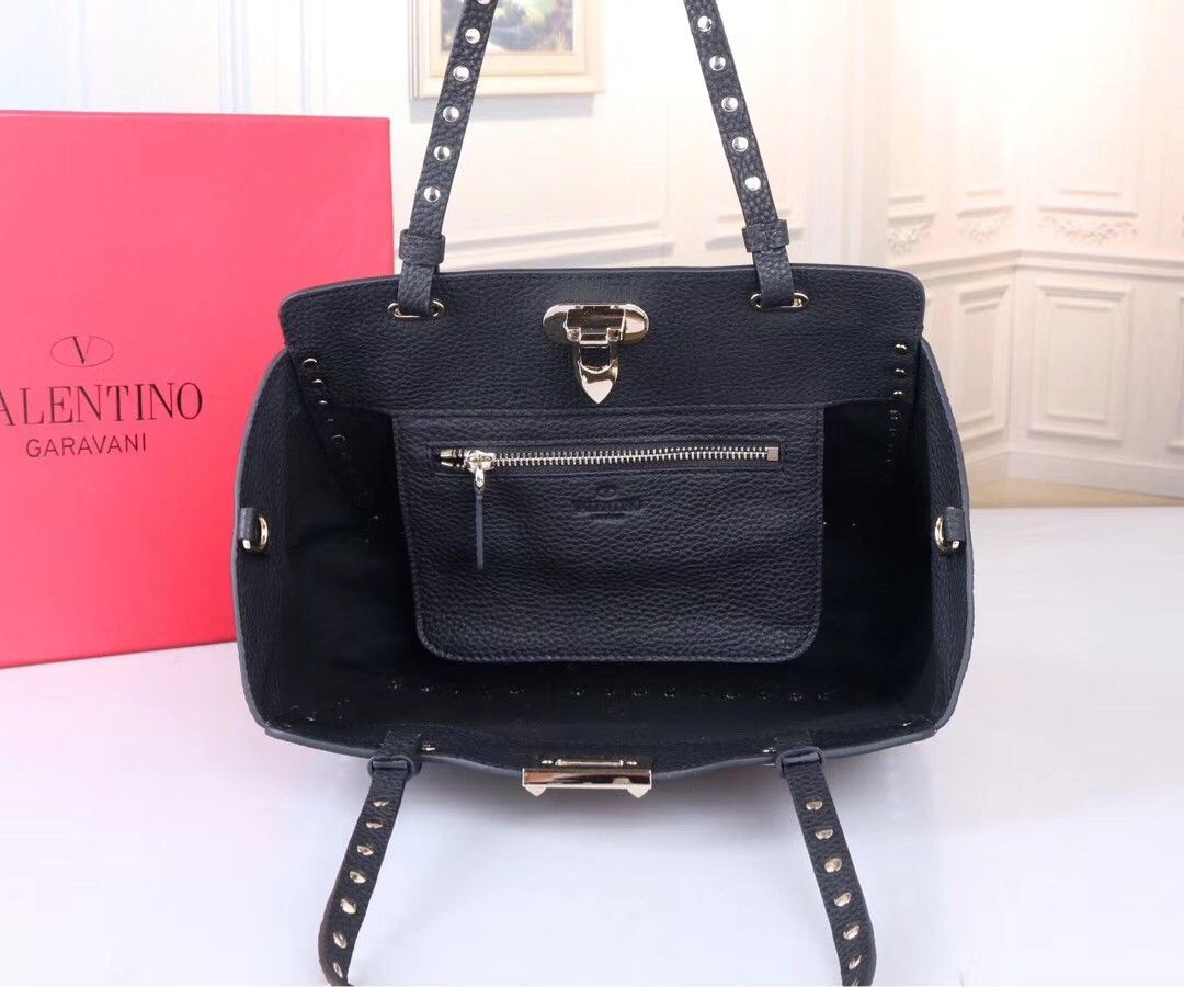 Valentino Rockstud Small Tote In Black Grained Calfskin