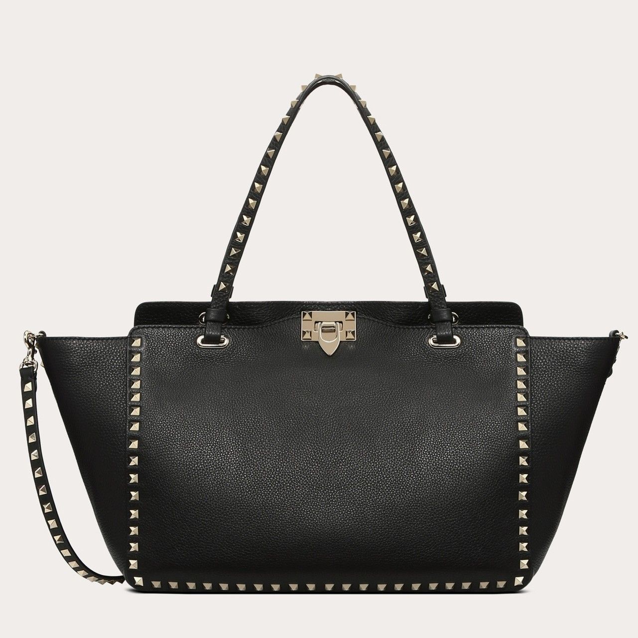 Valentino Rockstud Medium Tote In Black Grained Leather