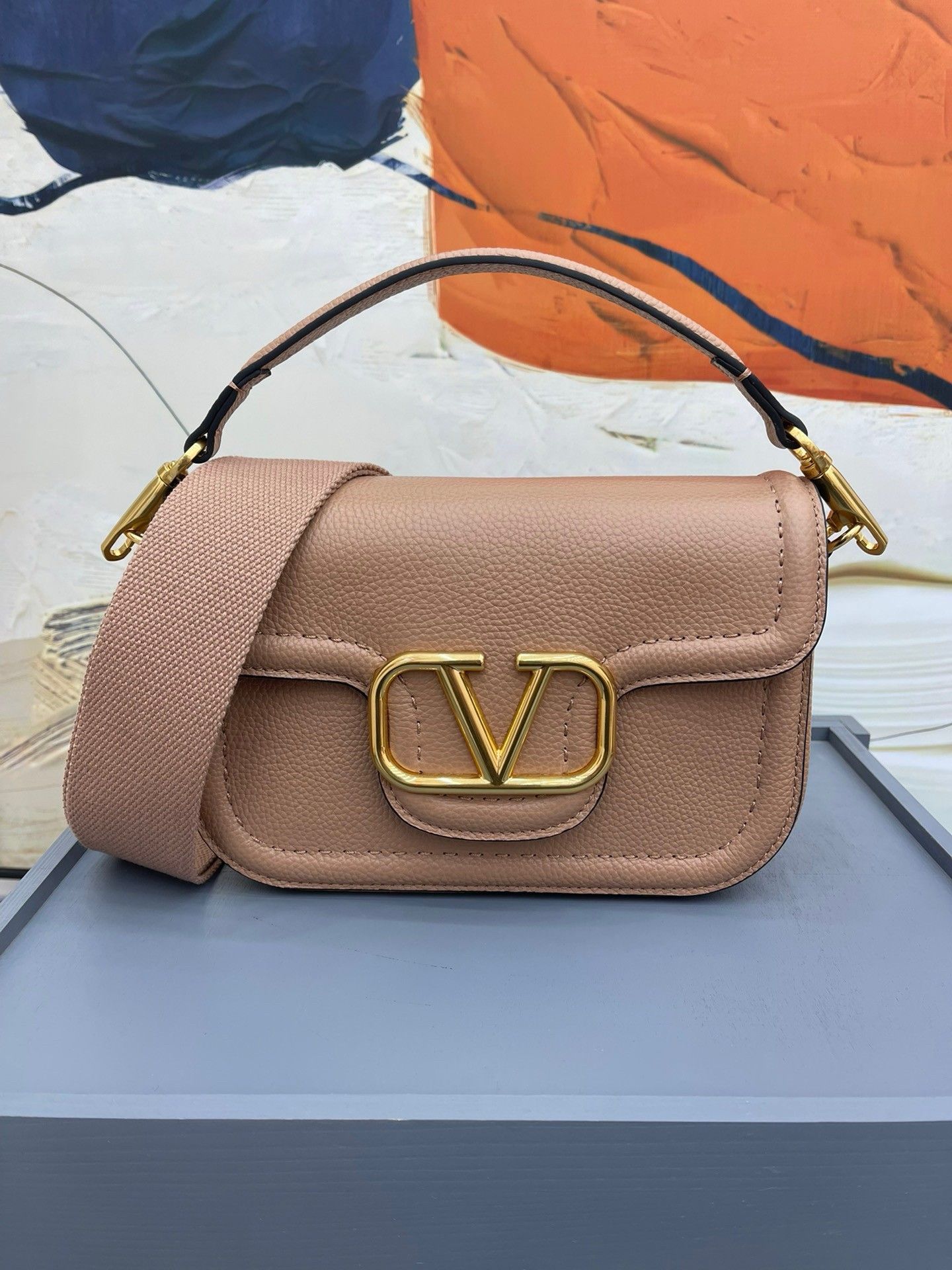 Valentino Alltime Shoulder Bag in Beige Grained Leather