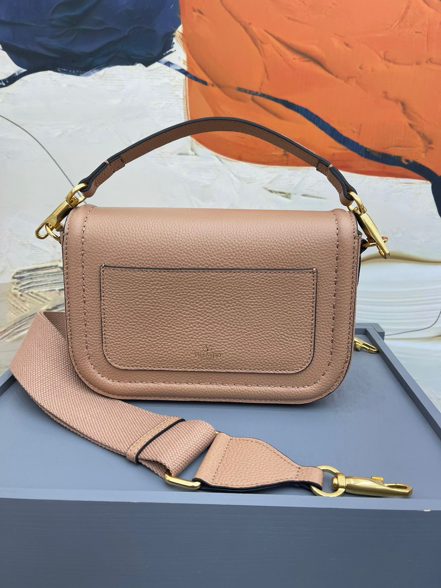 Valentino Alltime Shoulder Bag in Beige Grained Leather