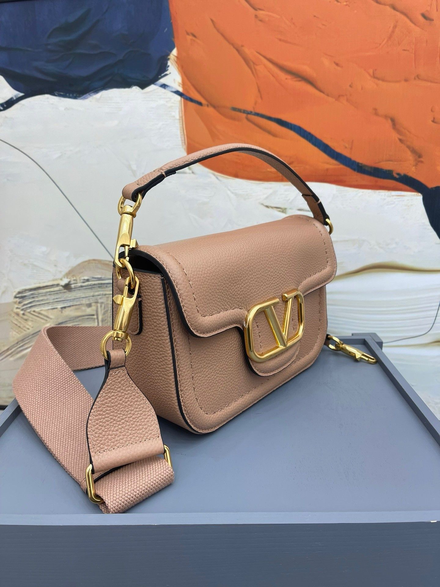 Valentino Alltime Shoulder Bag in Beige Grained Leather