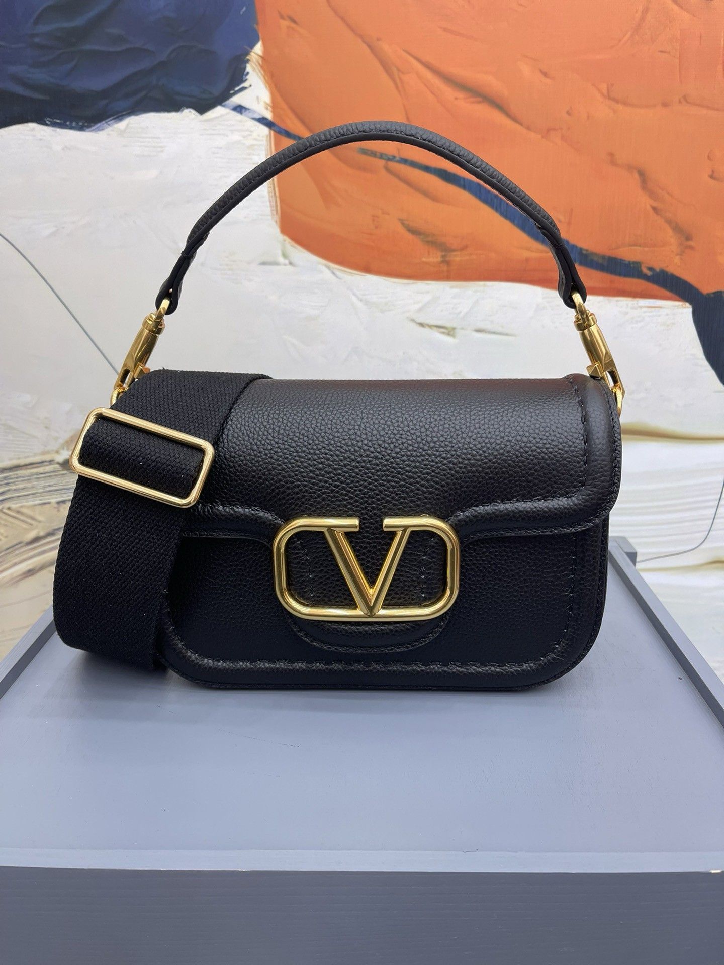 Valentino Alltime Shoulder Bag in Black Grained Leather