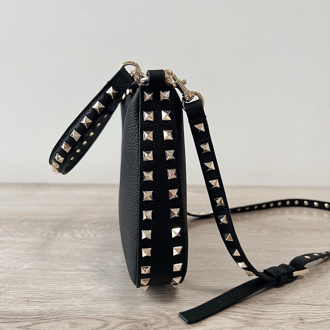 Valentino Rockstud Small Hobo Bag in Black Grainy Calfskin