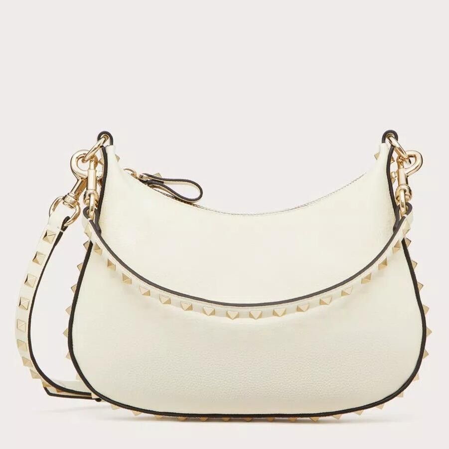 Valentino Rockstud Small Hobo Bag in White Grainy Calfskin