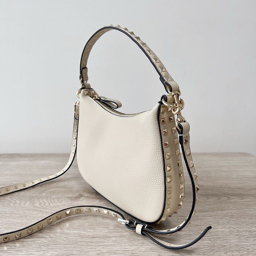 Valentino Rockstud Small Hobo Bag in White Grainy Calfskin