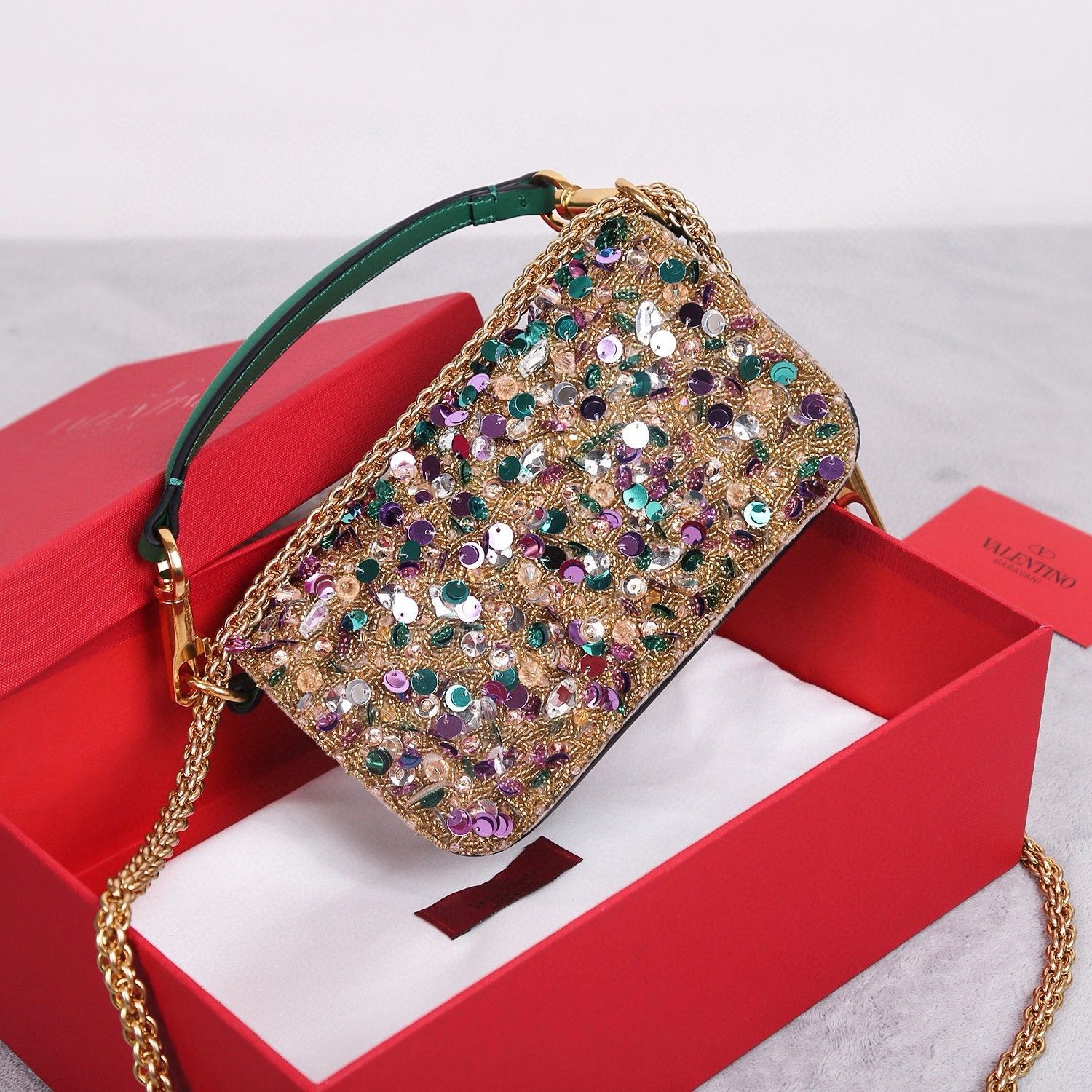 Valentino Small Loco Shoulder Bag with Gold 3D-effect Embroidery