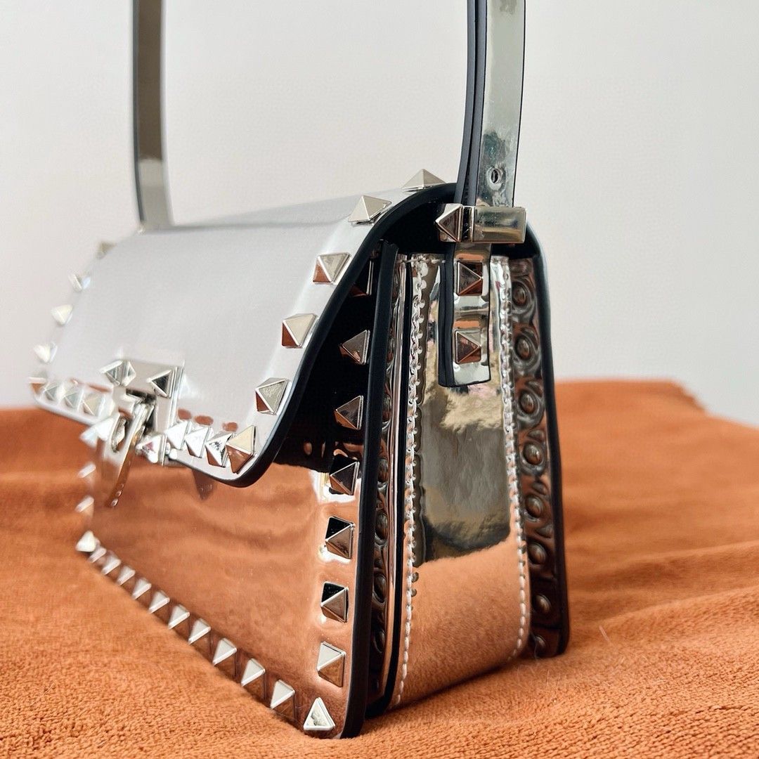 Valentino Rockstud23 Small Shoulder Bag in Silver Calfskin