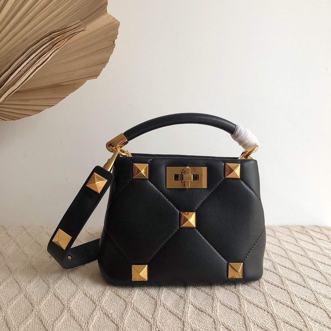 Valentino Roman Stud Mini Handle Bag In Black Nappa Leather