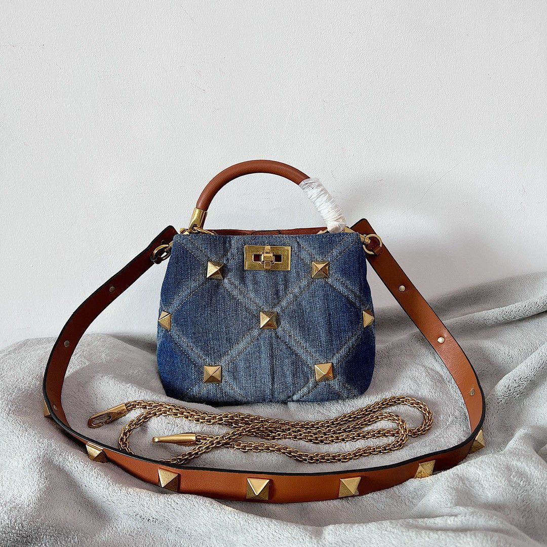 Valentino Roman Stud Small Top Handle Bag In Denim