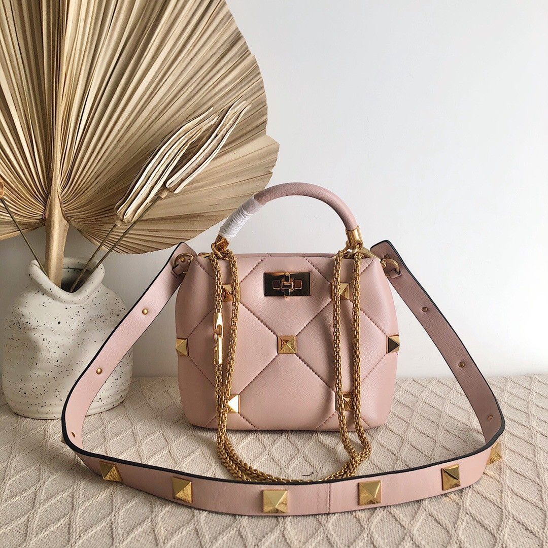 Valentino Roman Stud Small Handle Bag In Rose Cannelle Nappa Leather