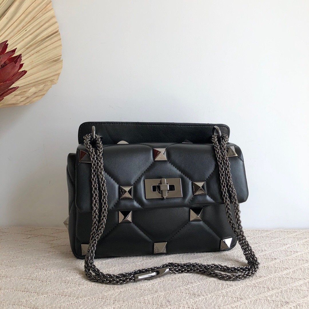 Valentino Roman Stud Medium Chain Bag In Black Nappa Leather