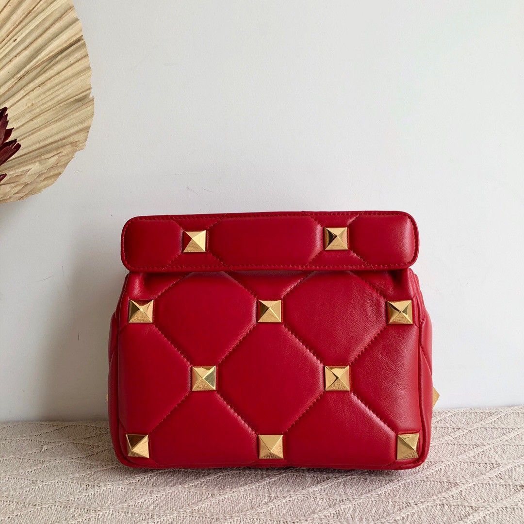 Valentino Roman Stud Medium Chain Bag In Red Nappa Leather