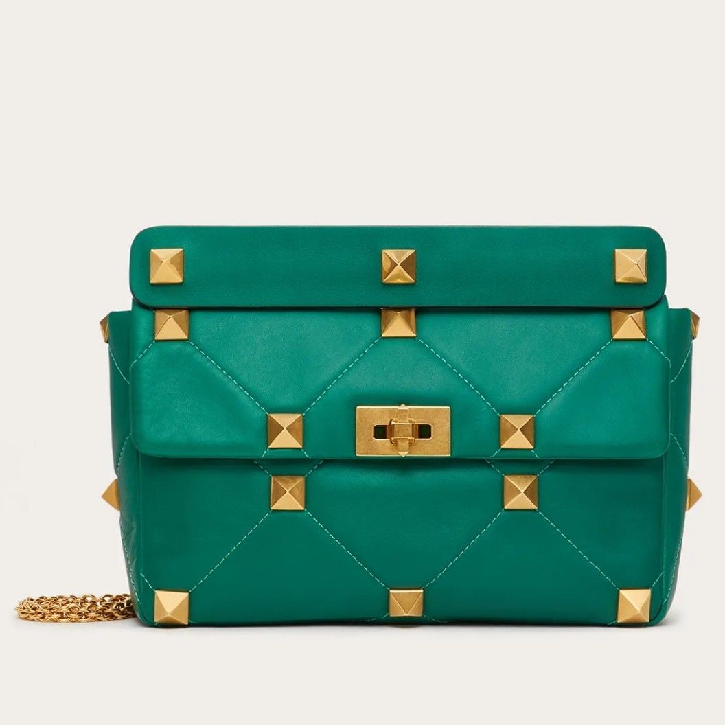 Valentino Roman Stud Large Chain Bag In Green Nappa Leather