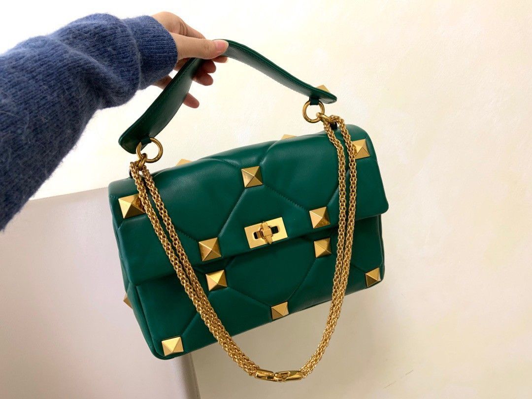 Valentino Roman Stud Large Chain Bag In Green Nappa Leather