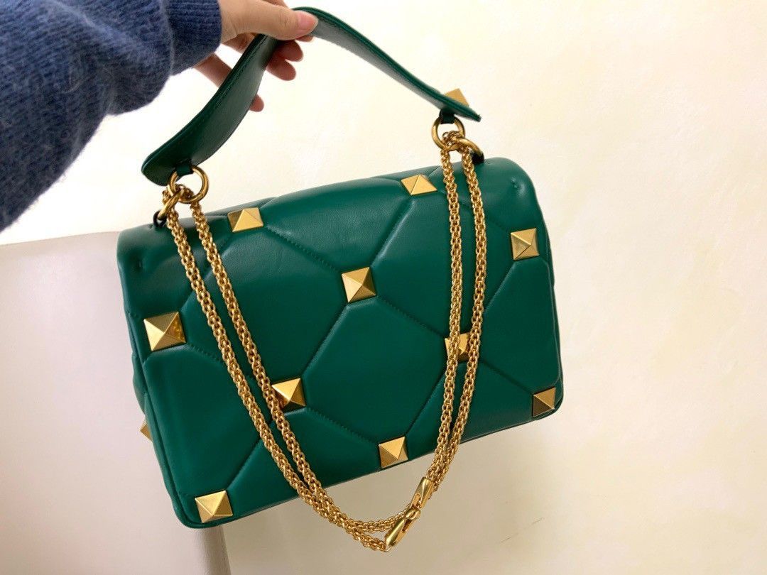 Valentino Roman Stud Large Chain Bag In Green Nappa Leather