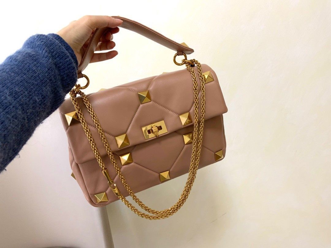 Valentino Roman Stud Large Chain Bag In Rose Cannelle Nappa Leather