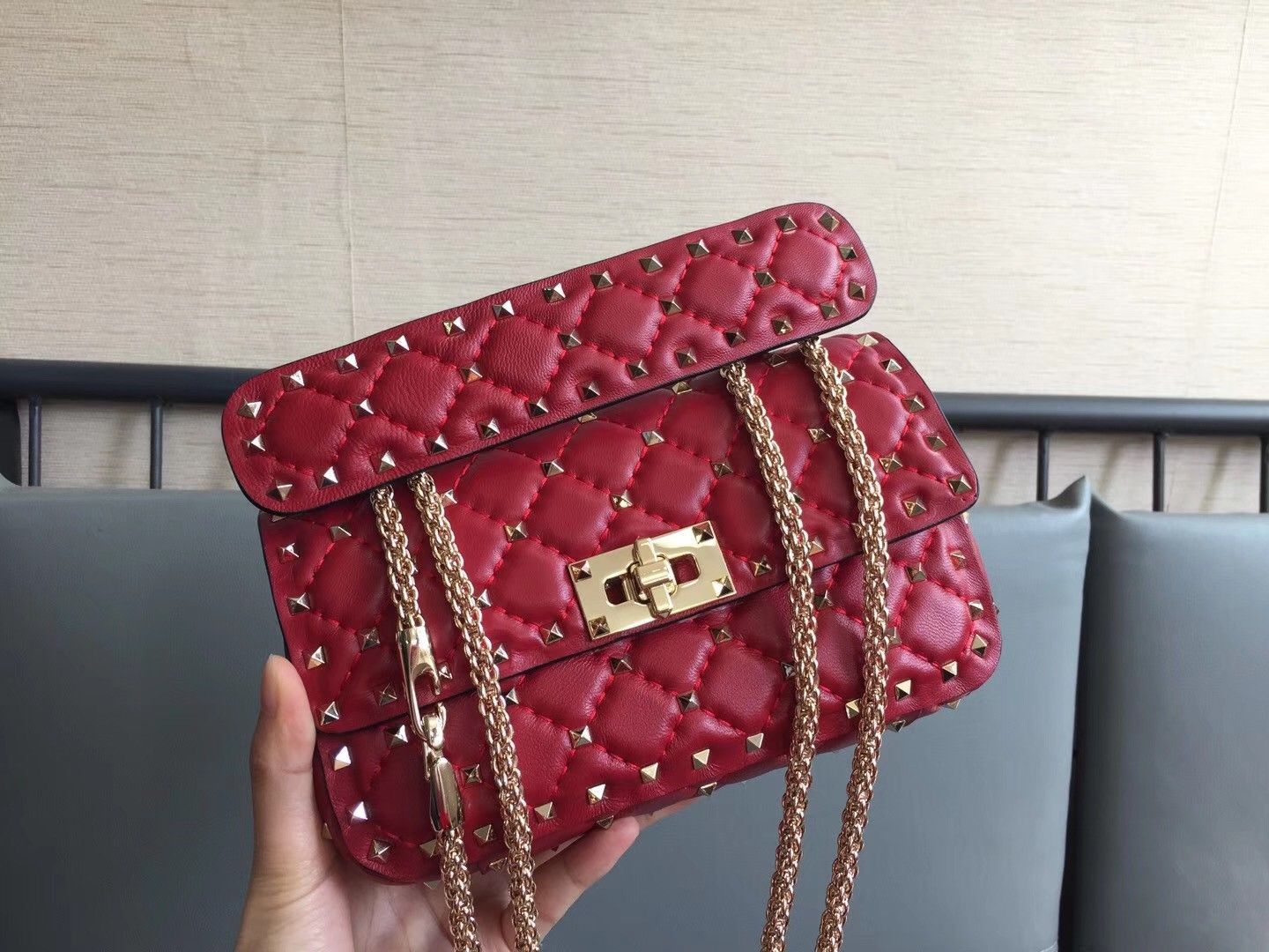 Valentino Rockstud Spike Small Bag In Red Nappa Lambskin