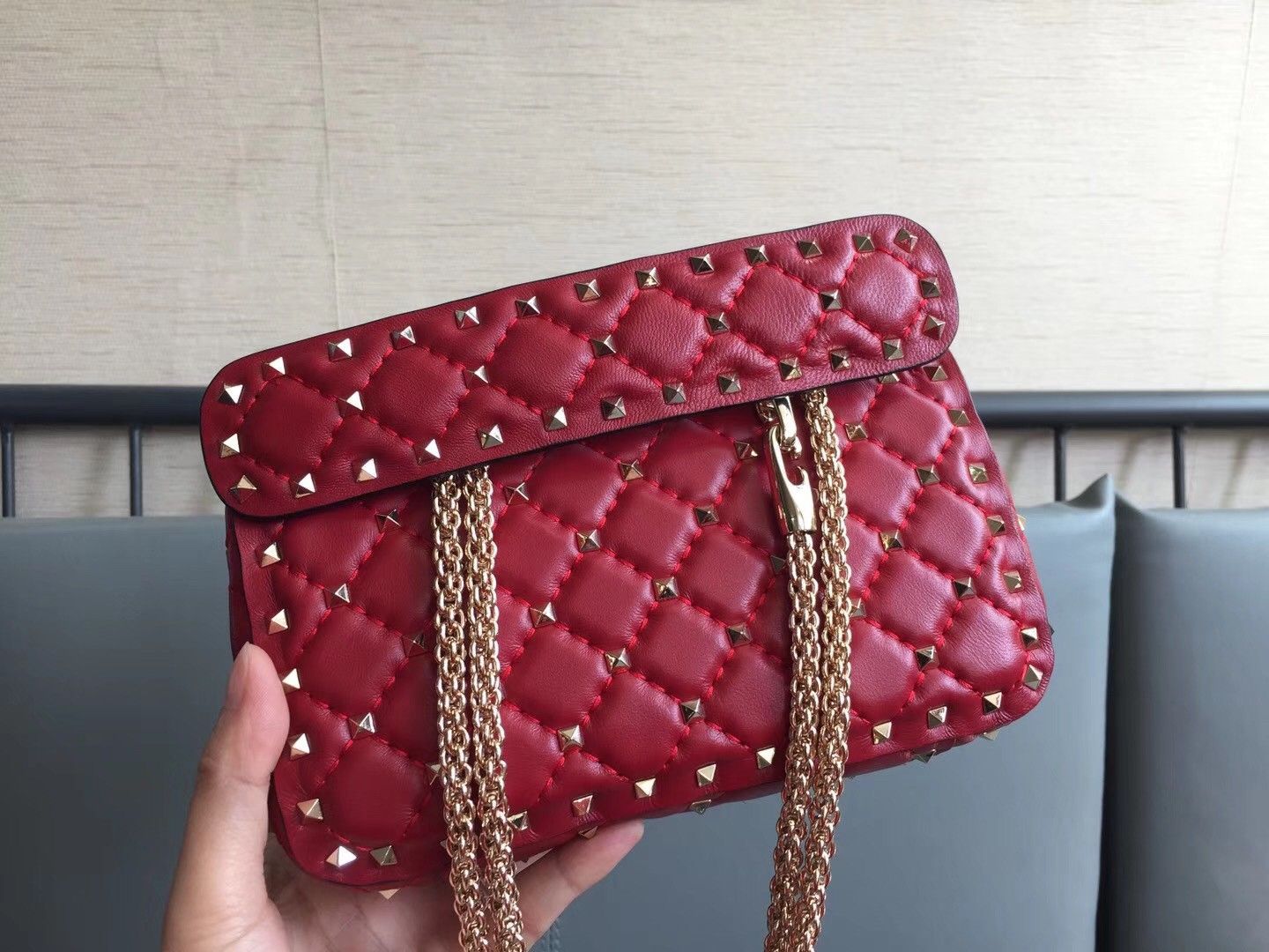 Valentino Rockstud Spike Small Bag In Red Nappa Lambskin