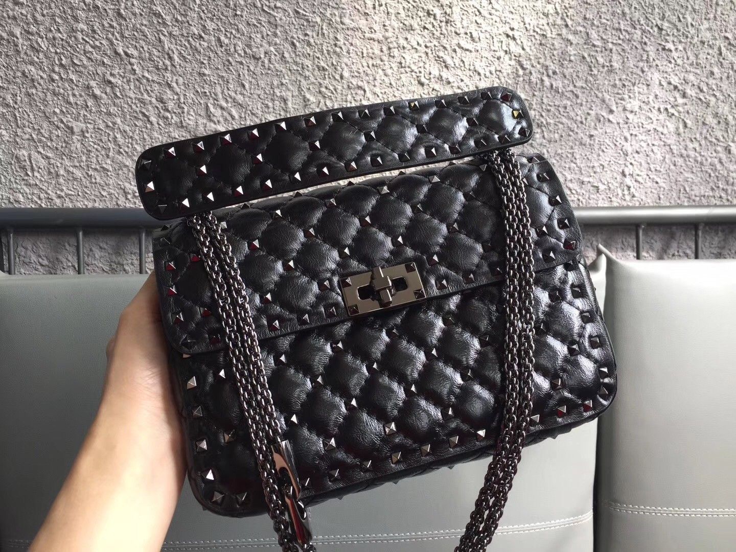 Valentino Rockstud Spike Medium Bag In Black Nappa Lambskin